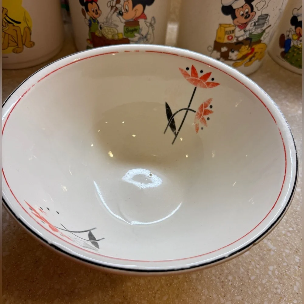 Vintage Harker Hotoven Ceramic Pottery Bowl White Dish Red Flower